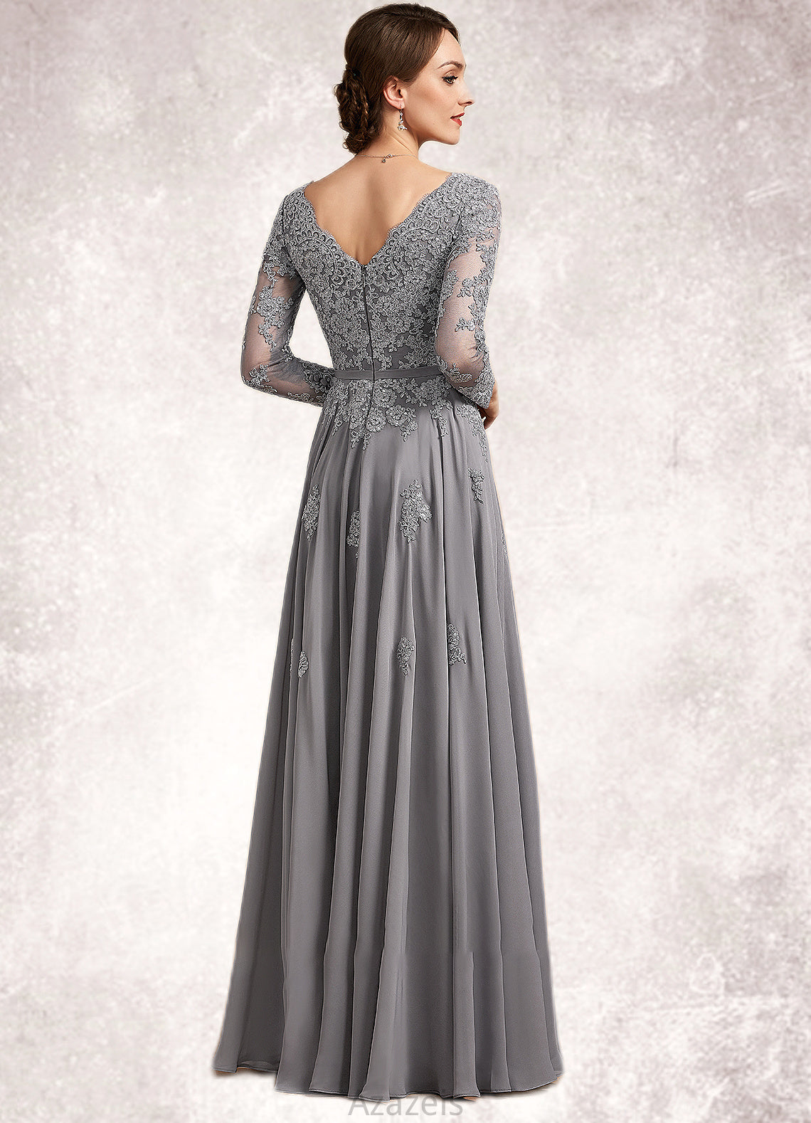 Stella A-Line V-neck Floor-Length Chiffon Lace Mother of the Bride Dress DF126P0014881