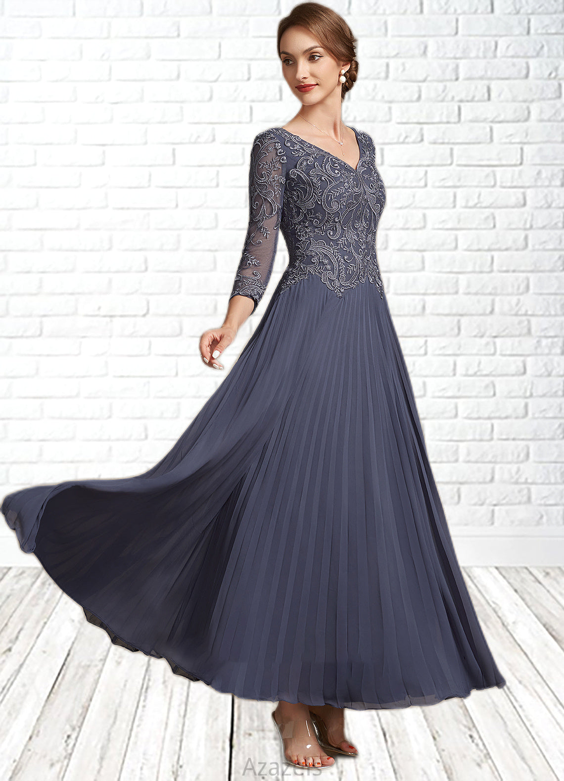 Jaliyah A-Line V-neck Ankle-Length Chiffon Lace Mother of the Bride Dress DF126P0014899