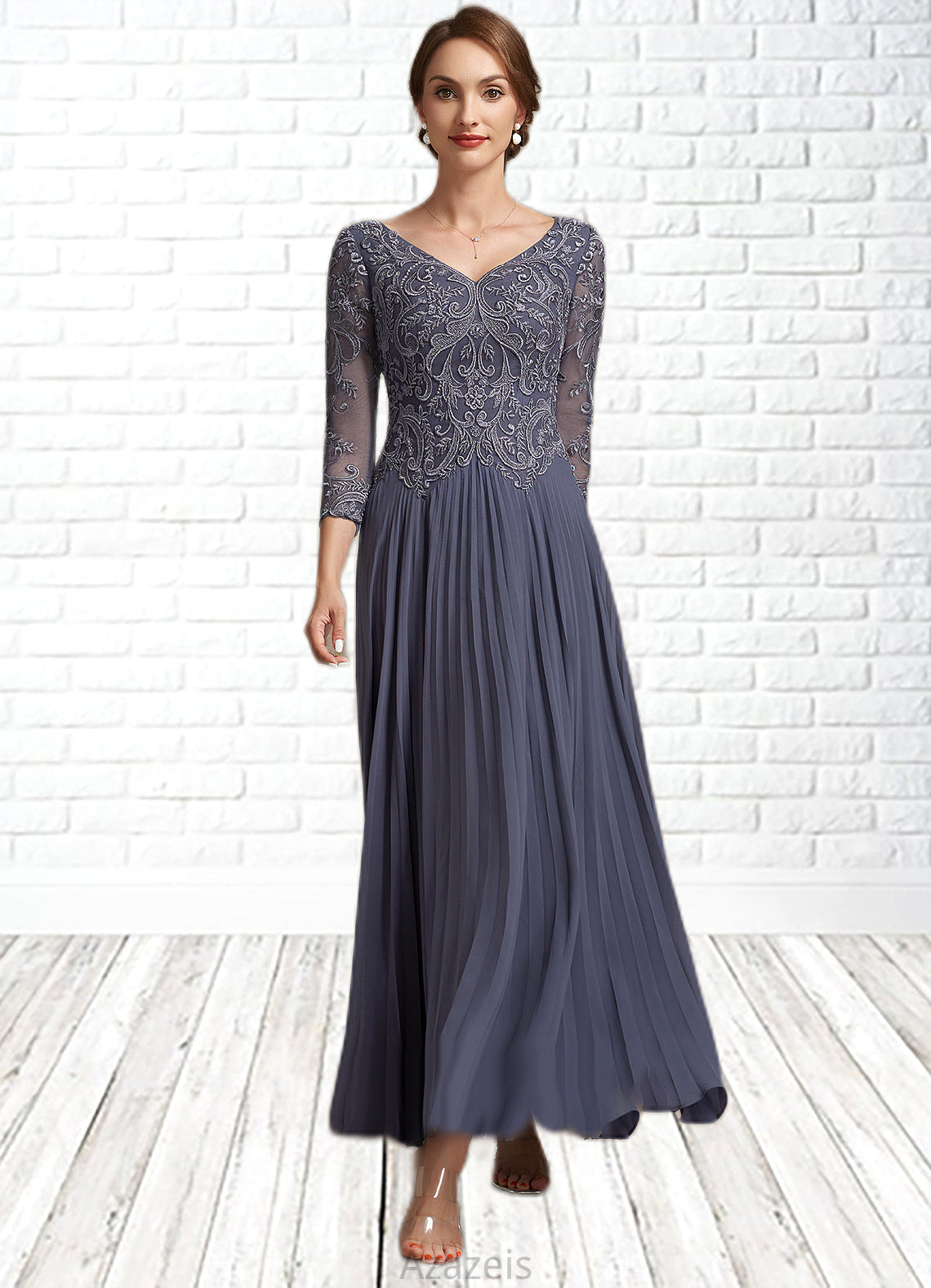 Jaliyah A-Line V-neck Ankle-Length Chiffon Lace Mother of the Bride Dress DF126P0014899