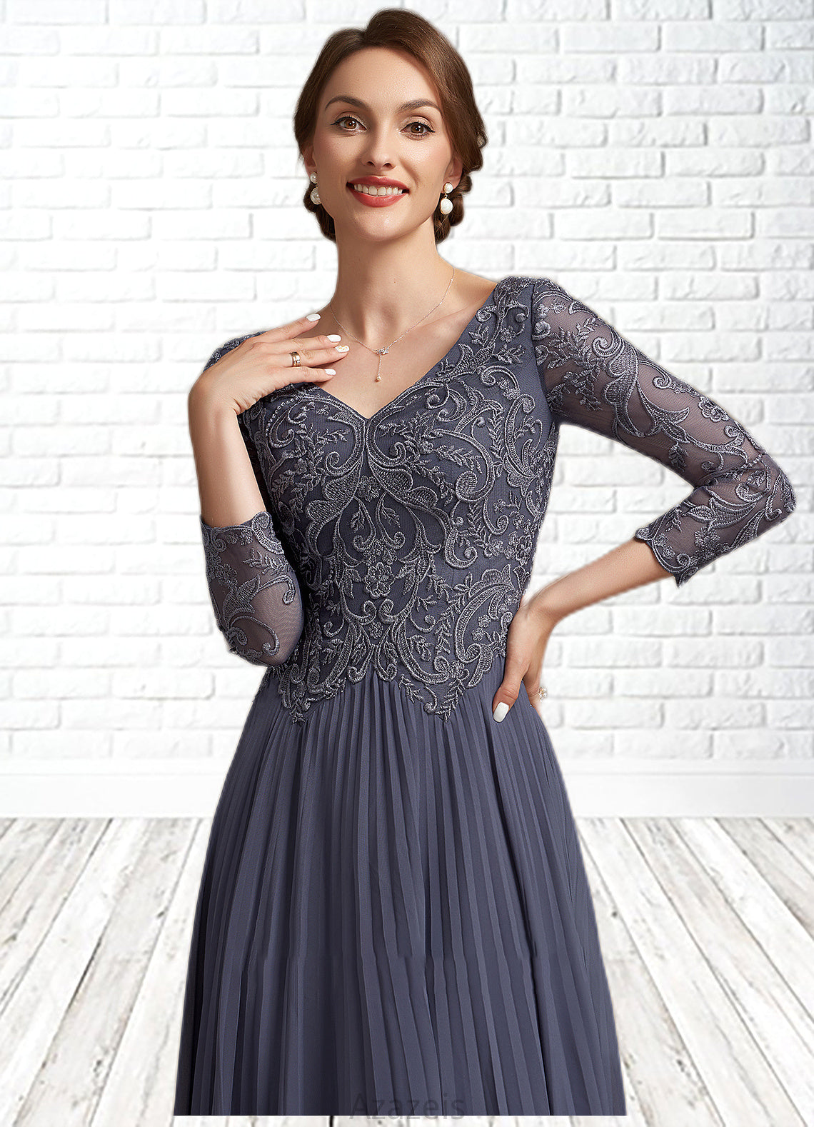 Jaliyah A-Line V-neck Ankle-Length Chiffon Lace Mother of the Bride Dress DF126P0014899