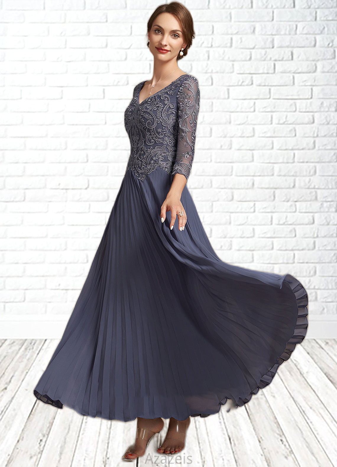 Jaliyah A-Line V-neck Ankle-Length Chiffon Lace Mother of the Bride Dress DF126P0014899