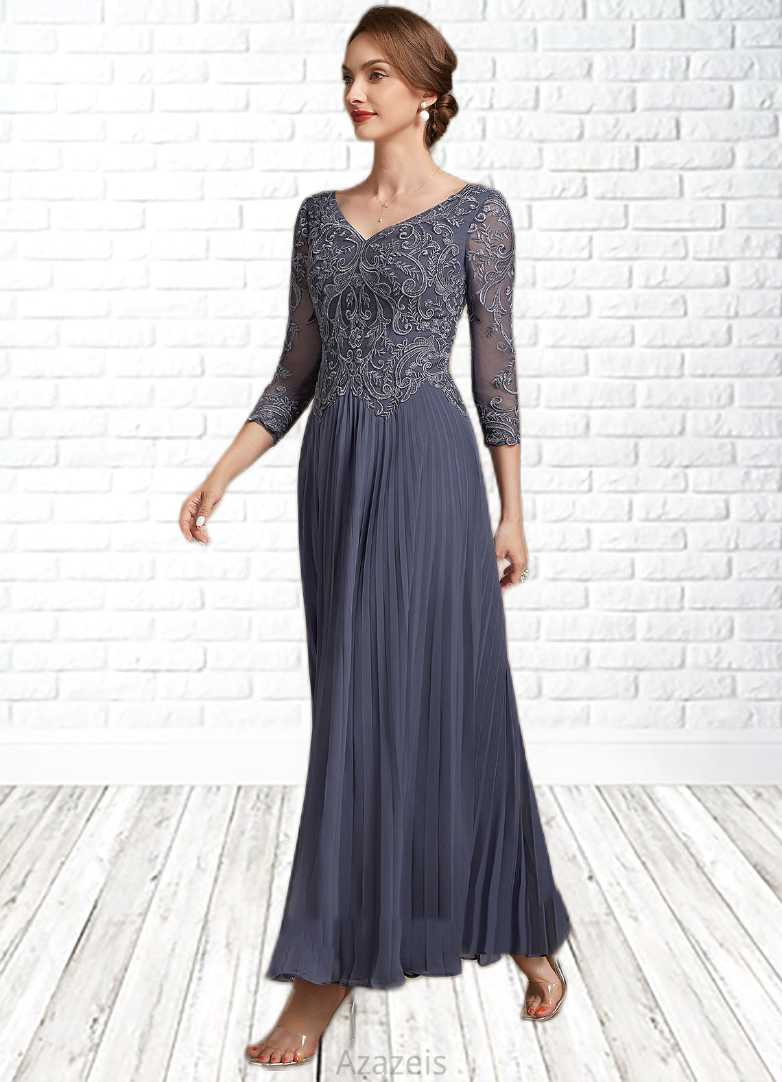 Jaliyah A-Line V-neck Ankle-Length Chiffon Lace Mother of the Bride Dress DF126P0014899