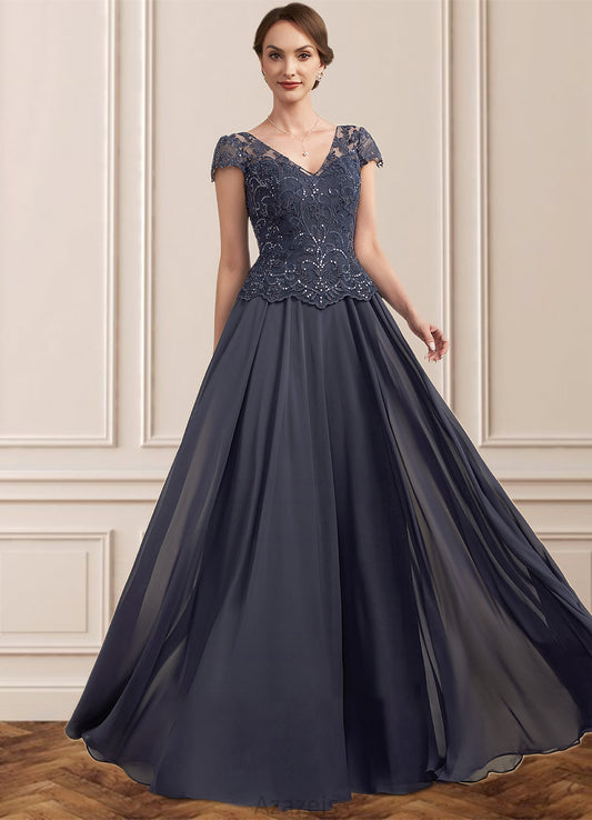 Aurora A-Line V-neck Floor-Length Chiffon Lace Mother of the Bride Dress With Sequins DF126P0014901