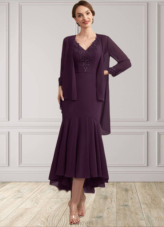 Aubrey Trumpet/Mermaid V-neck Asymmetrical Chiffon Mother of the Bride Dress With Lace Beading Sequins DF126P0014902