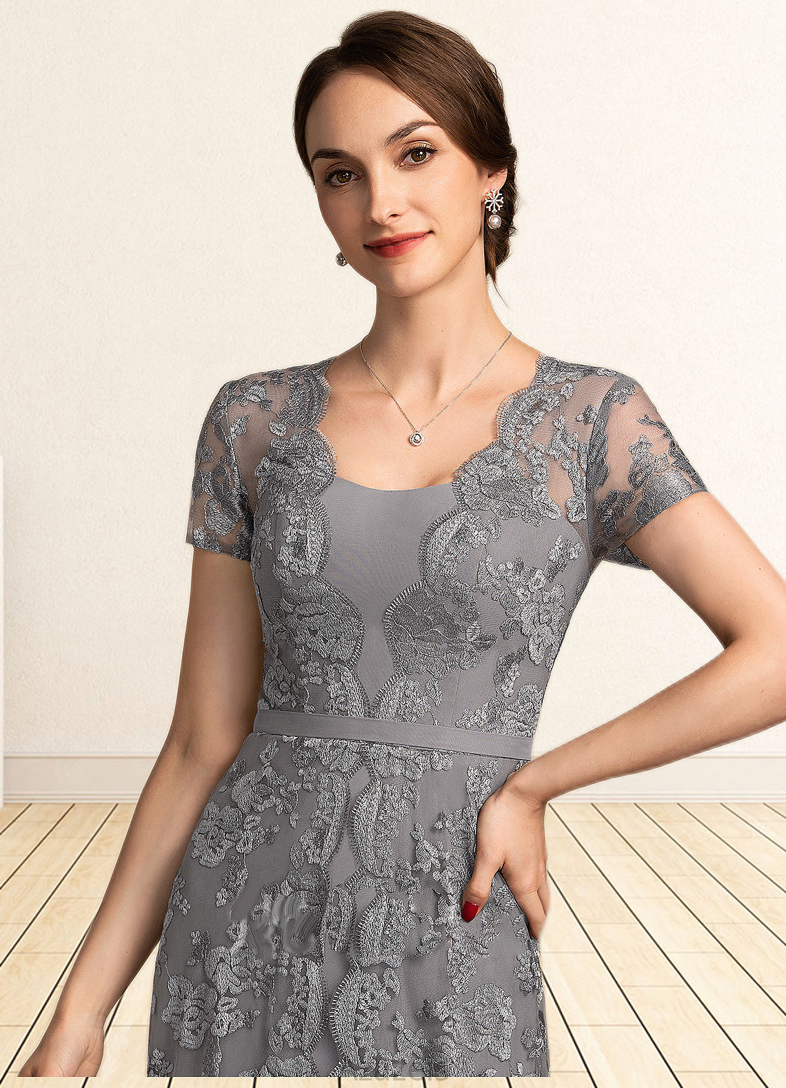 Janey A-Line Square Neckline Sweep Train Chiffon Lace Mother of the Bride Dress DF126P0014903