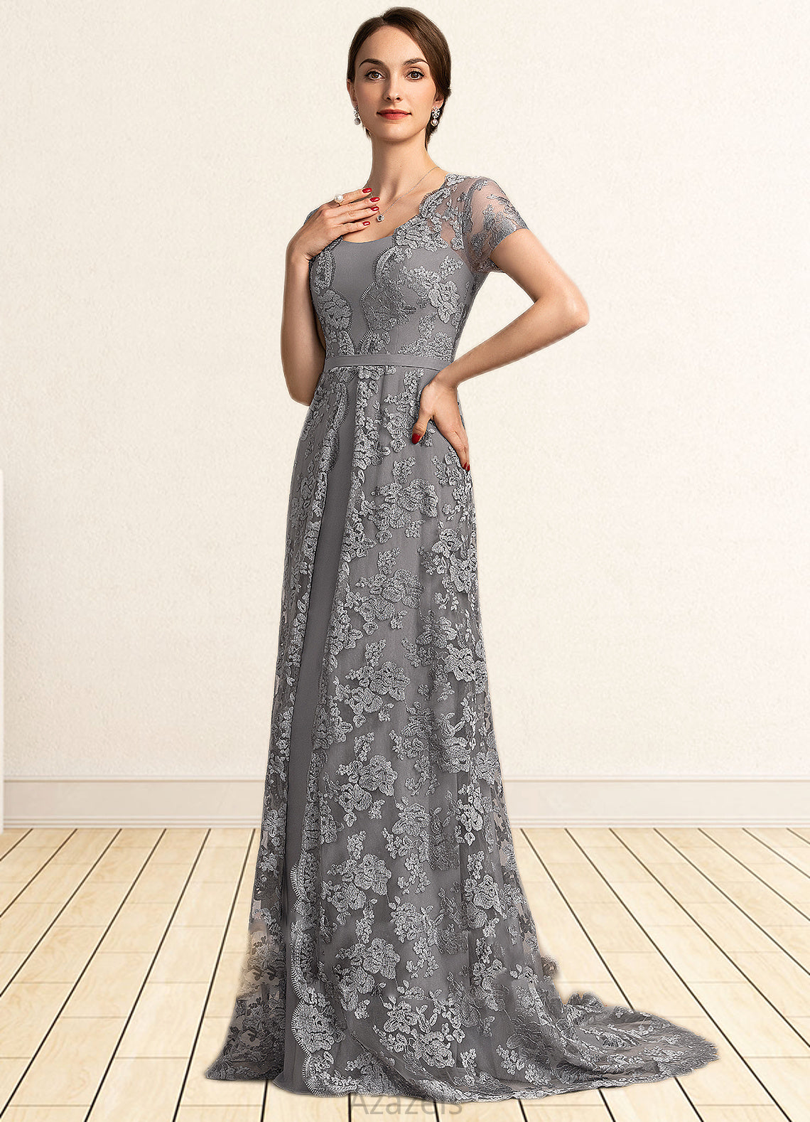 Janey A-Line Square Neckline Sweep Train Chiffon Lace Mother of the Bride Dress DF126P0014903