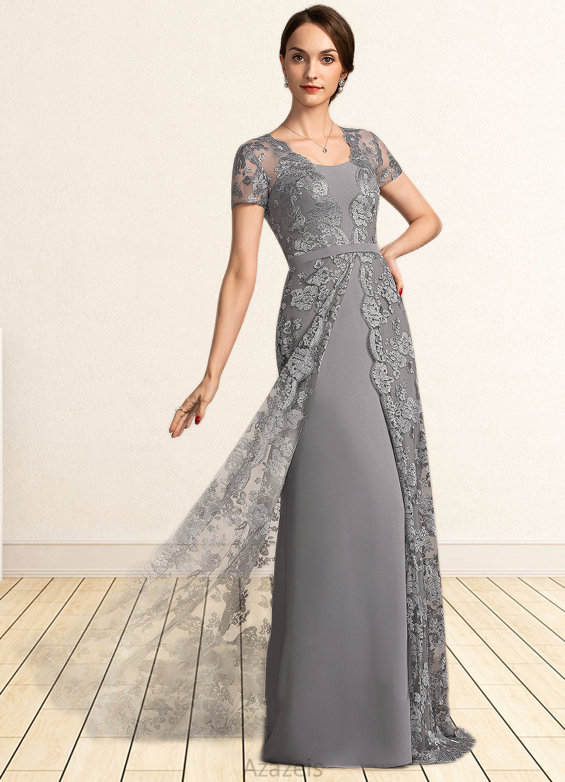 Janey A-Line Square Neckline Sweep Train Chiffon Lace Mother of the Bride Dress DF126P0014903