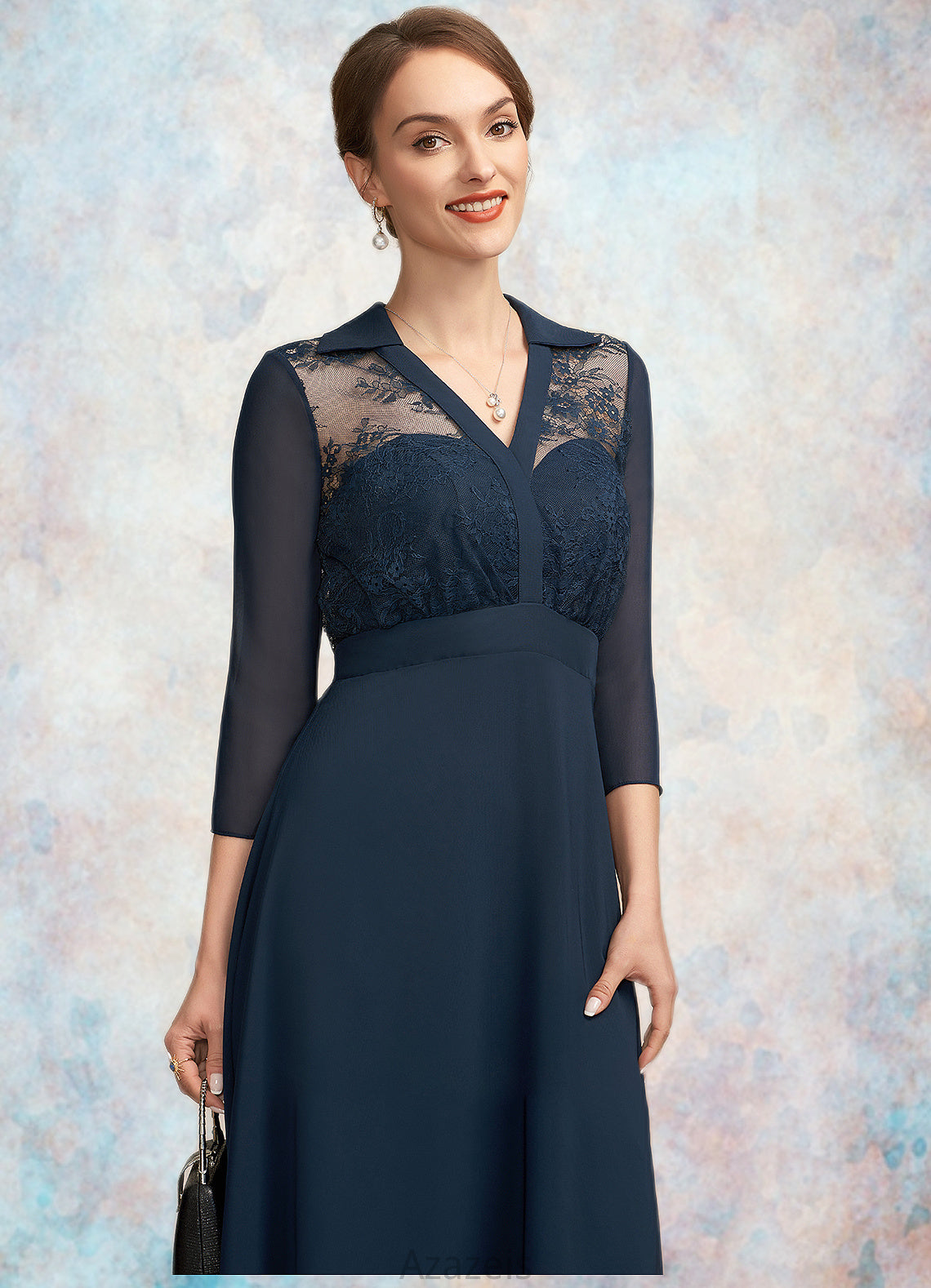 Amirah A-Line V-neck Tea-Length Chiffon Lace Mother of the Bride Dress DF126P0014905