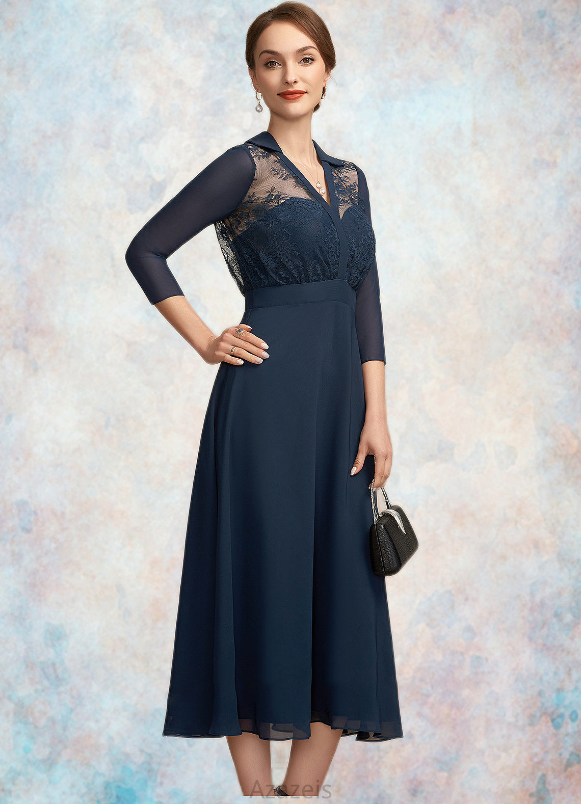 Amirah A-Line V-neck Tea-Length Chiffon Lace Mother of the Bride Dress DF126P0014905