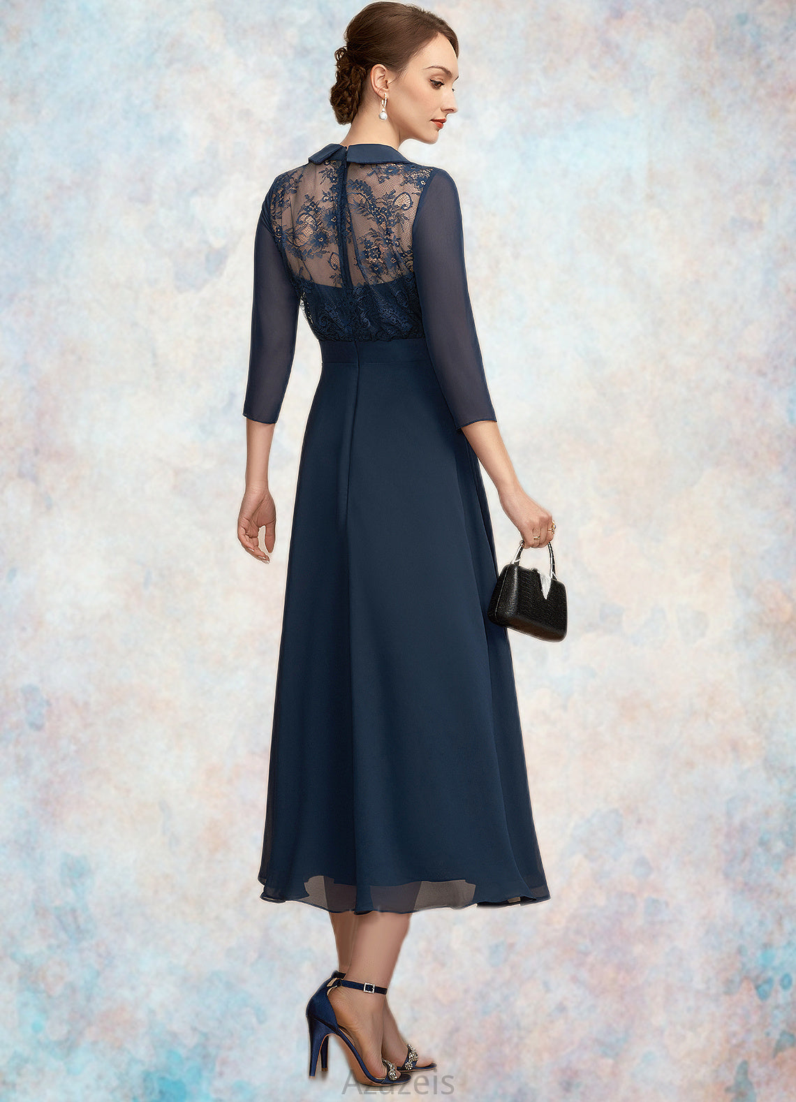 Amirah A-Line V-neck Tea-Length Chiffon Lace Mother of the Bride Dress DF126P0014905