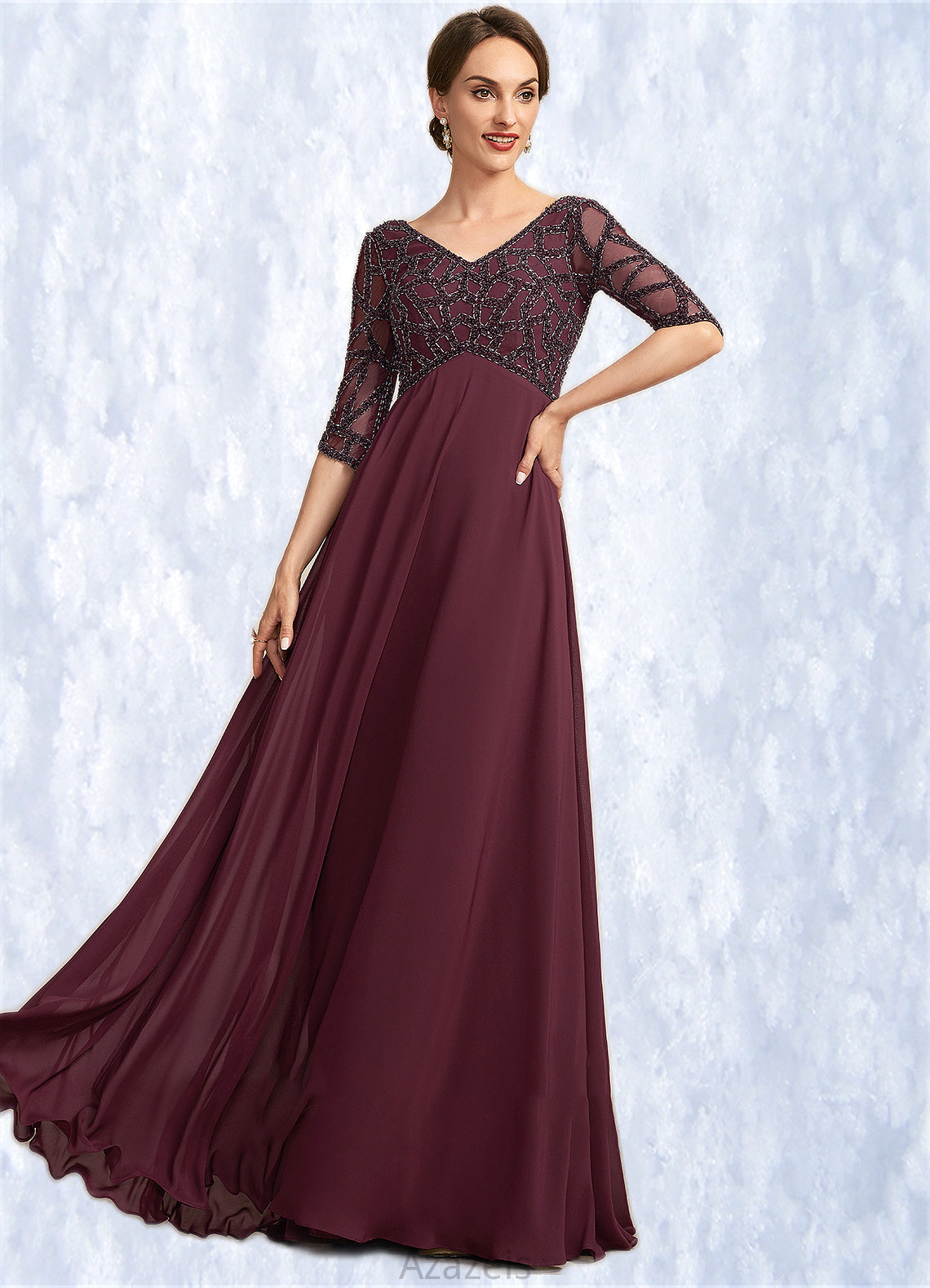 Shyla Empire V-neck Floor-Length Chiffon Mother of the Bride Dress With Beading DF126P0014906