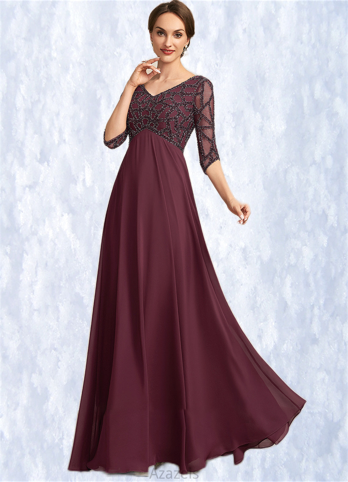 Shyla Empire V-neck Floor-Length Chiffon Mother of the Bride Dress With Beading DF126P0014906