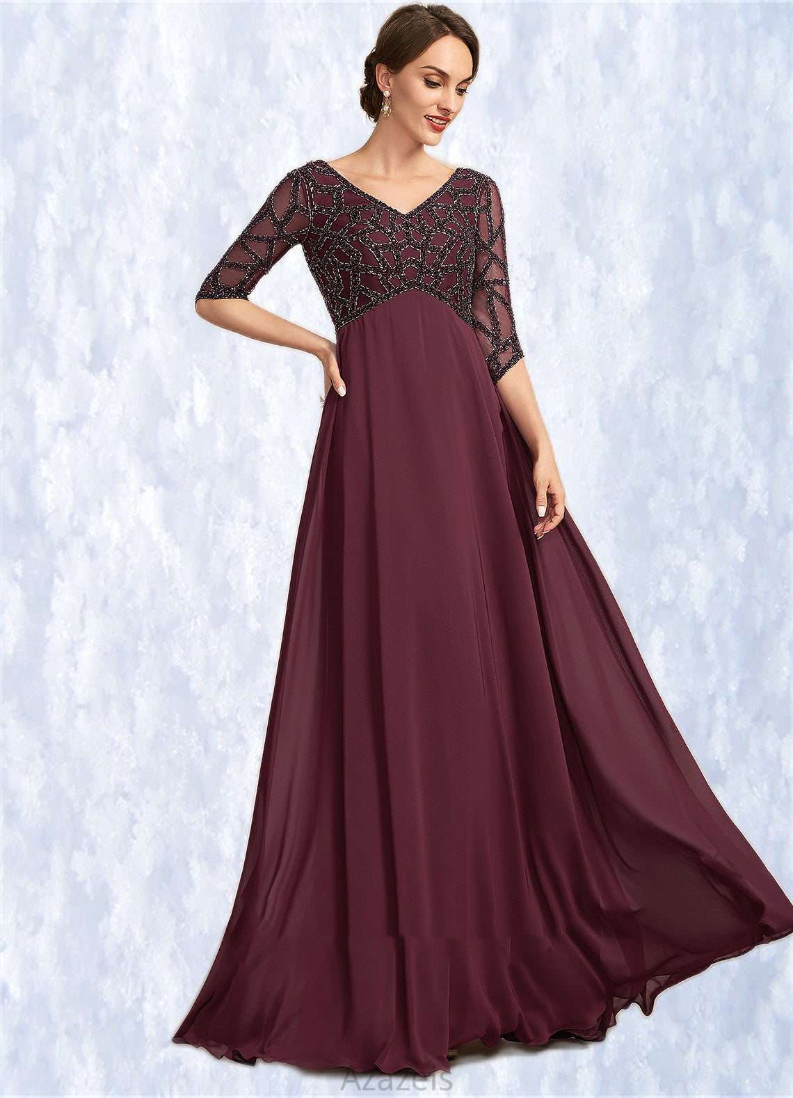 Shyla Empire V-neck Floor-Length Chiffon Mother of the Bride Dress With Beading DF126P0014906