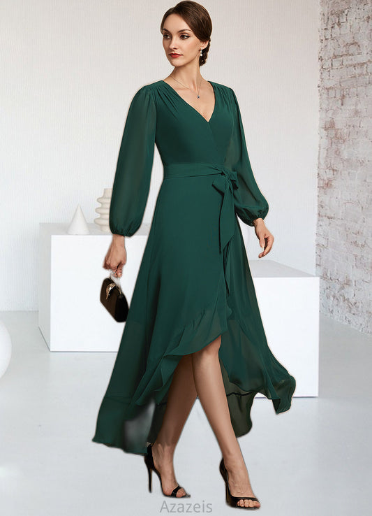 Gretchen A-Line V-neck Asymmetrical Chiffon Mother of the Bride Dress With Bow(s) Cascading Ruffles DF126P0014909