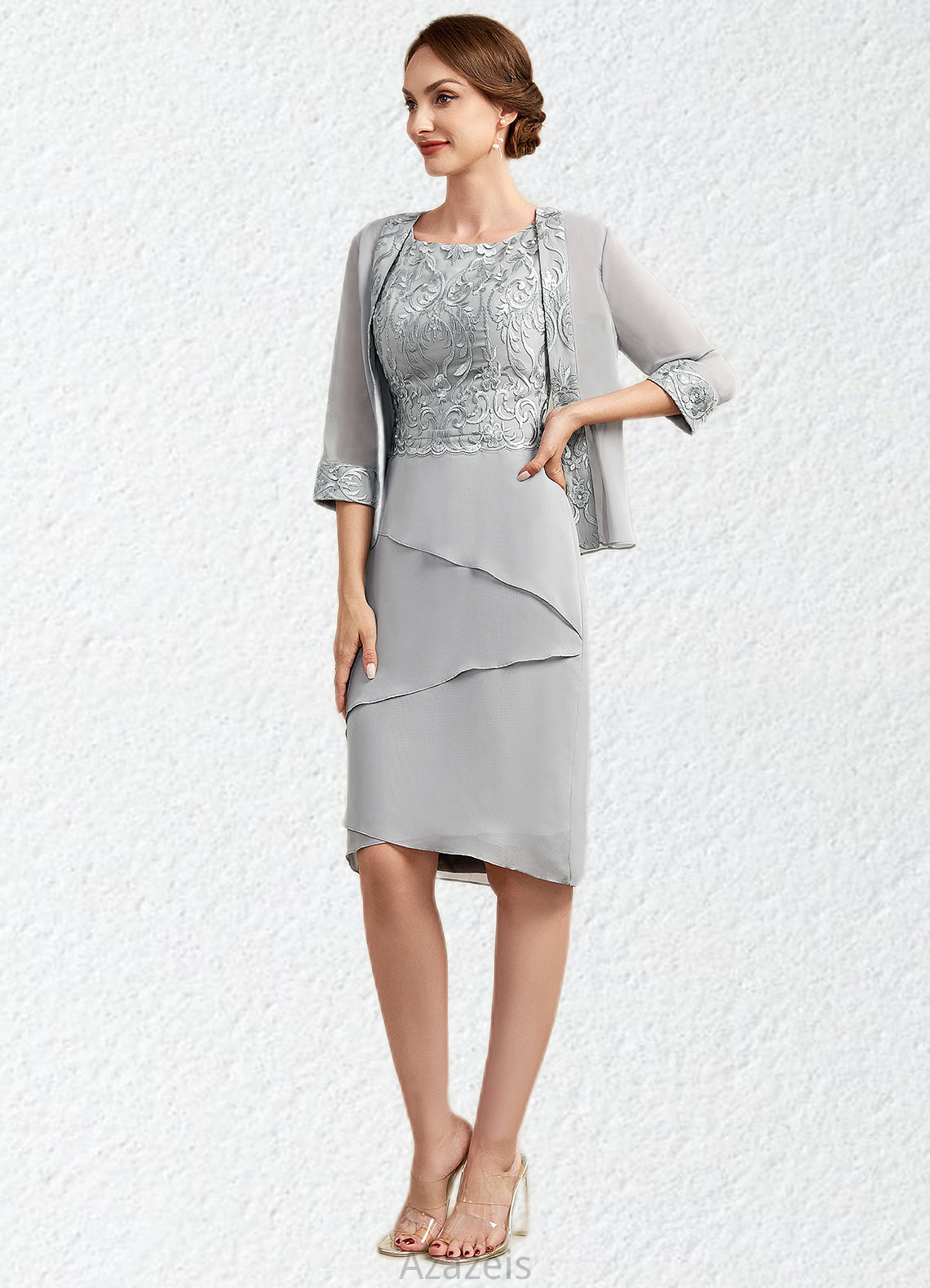 Lisa Sheath/Column Scoop Neck Asymmetrical Chiffon Lace Mother of the Bride Dress With Cascading Ruffles DF126P0014912