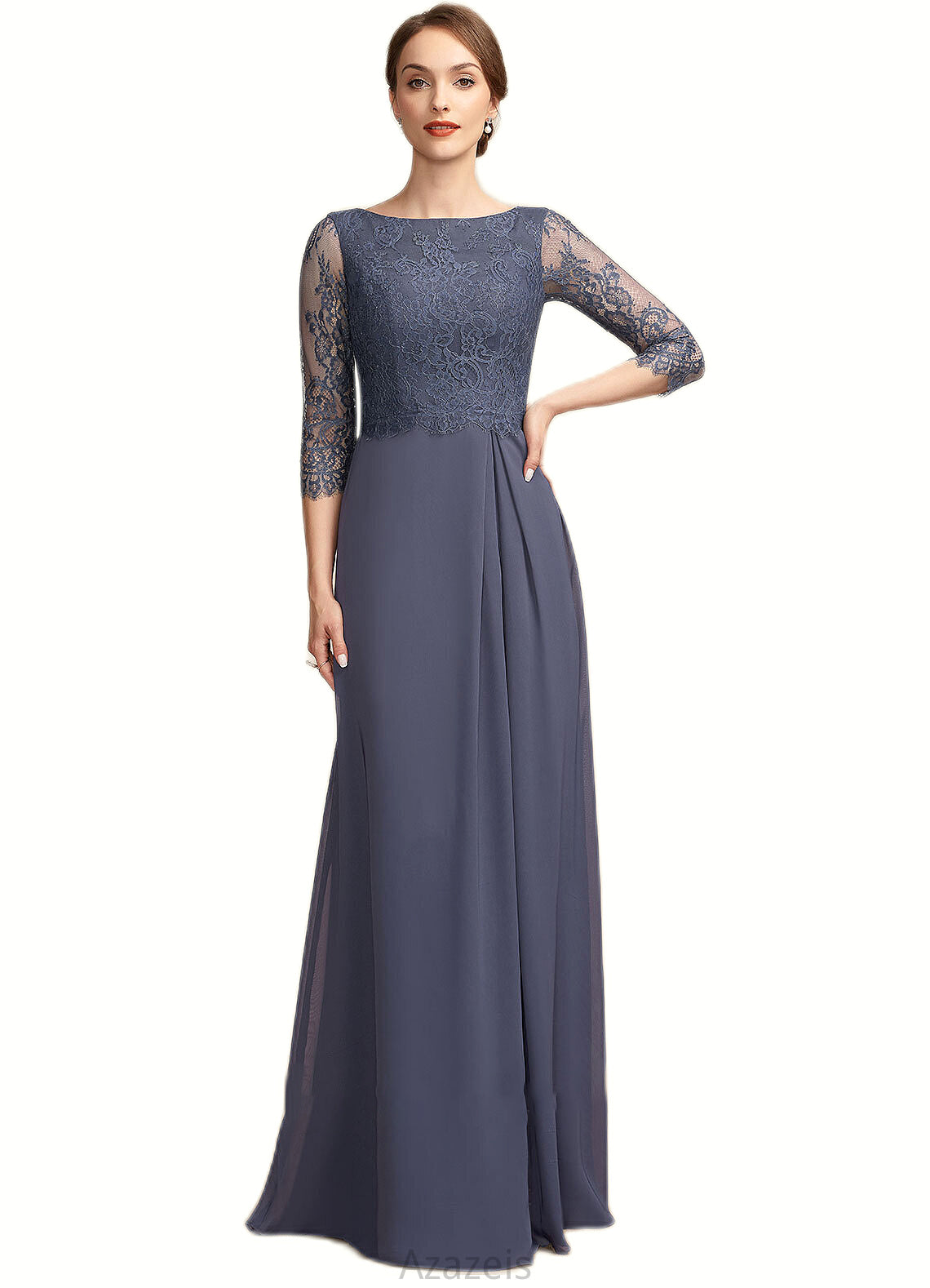 Natalya A-Line Scoop Neck Floor-Length Chiffon Lace Mother of the Bride Dress With Ruffle DF126P0014917