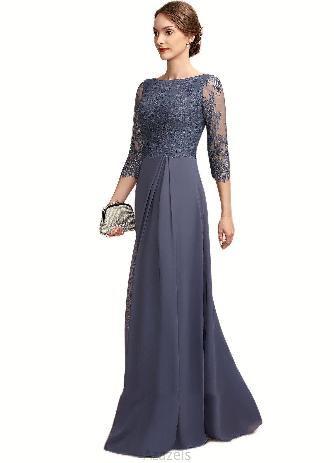 Natalya A-Line Scoop Neck Floor-Length Chiffon Lace Mother of the Bride Dress With Ruffle DF126P0014917