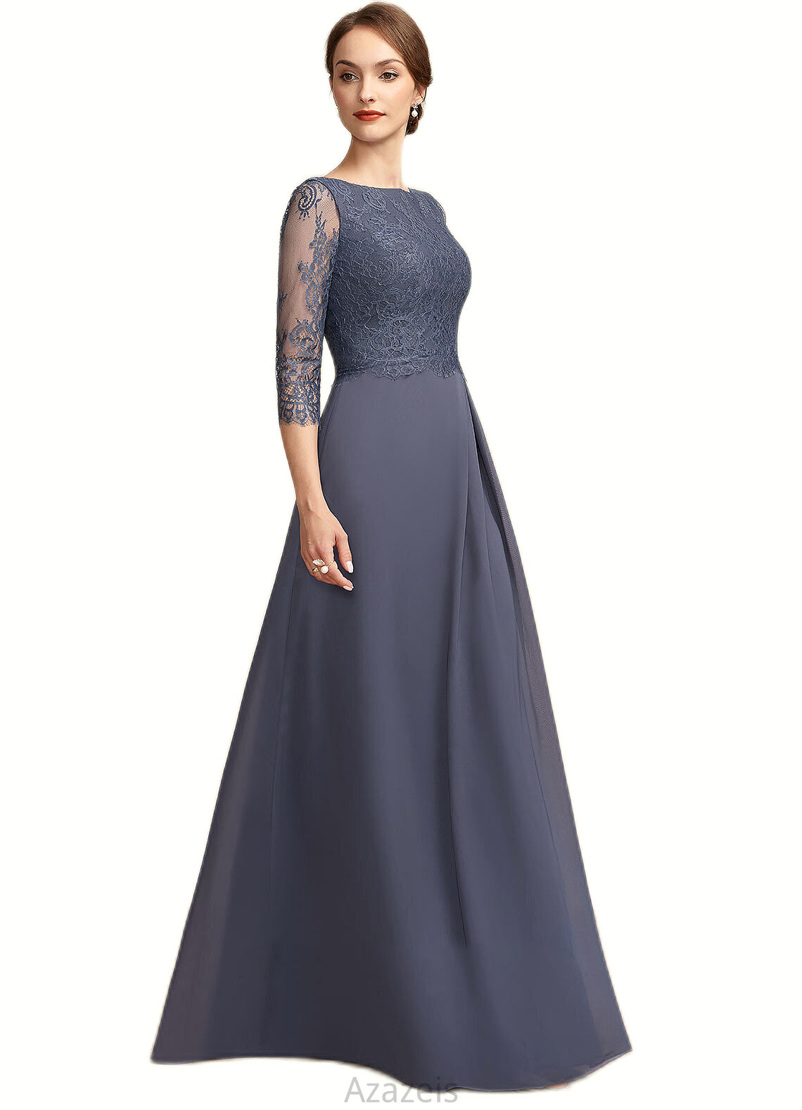 Natalya A-Line Scoop Neck Floor-Length Chiffon Lace Mother of the Bride Dress With Ruffle DF126P0014917