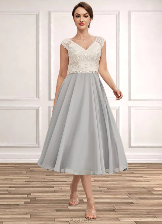 Serenity A-Line V-neck Tea-Length Chiffon Lace Mother of the Bride Dress With Beading DF126P0014919