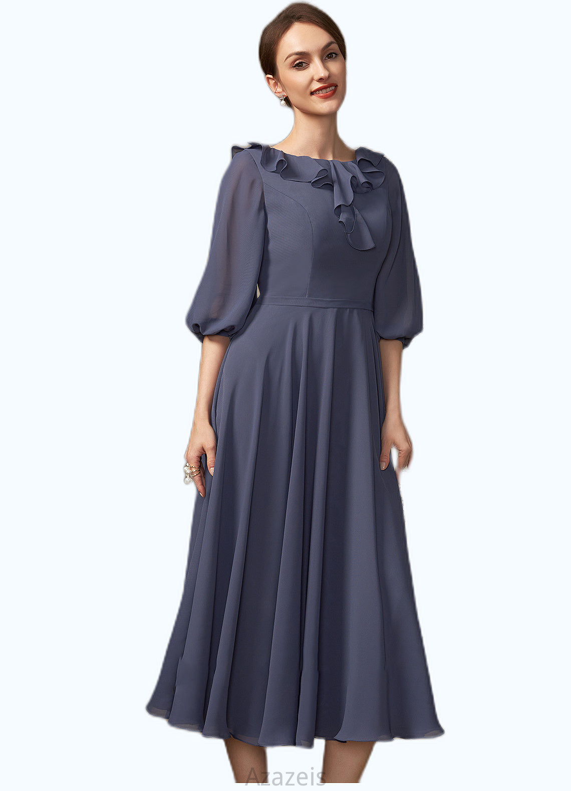 Sherlyn A-Line Scoop Neck Tea-Length Chiffon Mother of the Bride Dress With Cascading Ruffles DF126P0014920