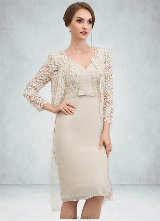 Sylvia Sheath/Column V-neck Knee-Length Chiffon Lace Mother of the Bride Dress With Bow(s) DF126P0014924