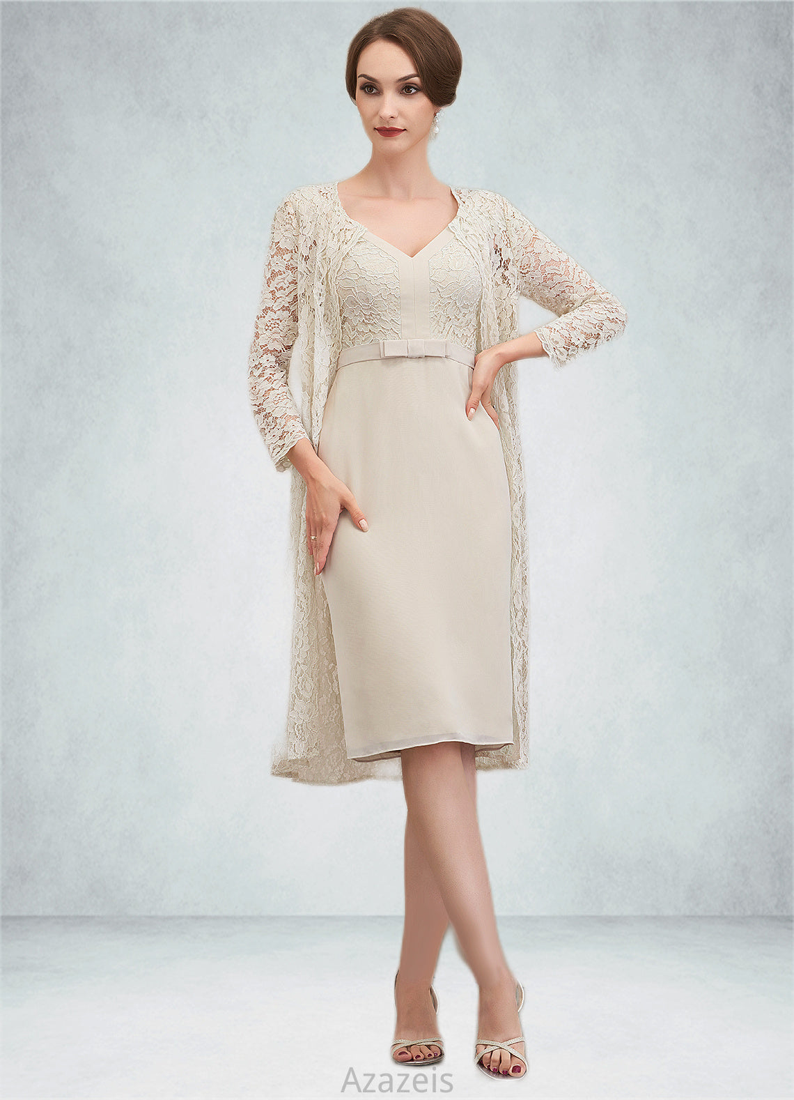 Sylvia Sheath/Column V-neck Knee-Length Chiffon Lace Mother of the Bride Dress With Bow(s) DF126P0014924