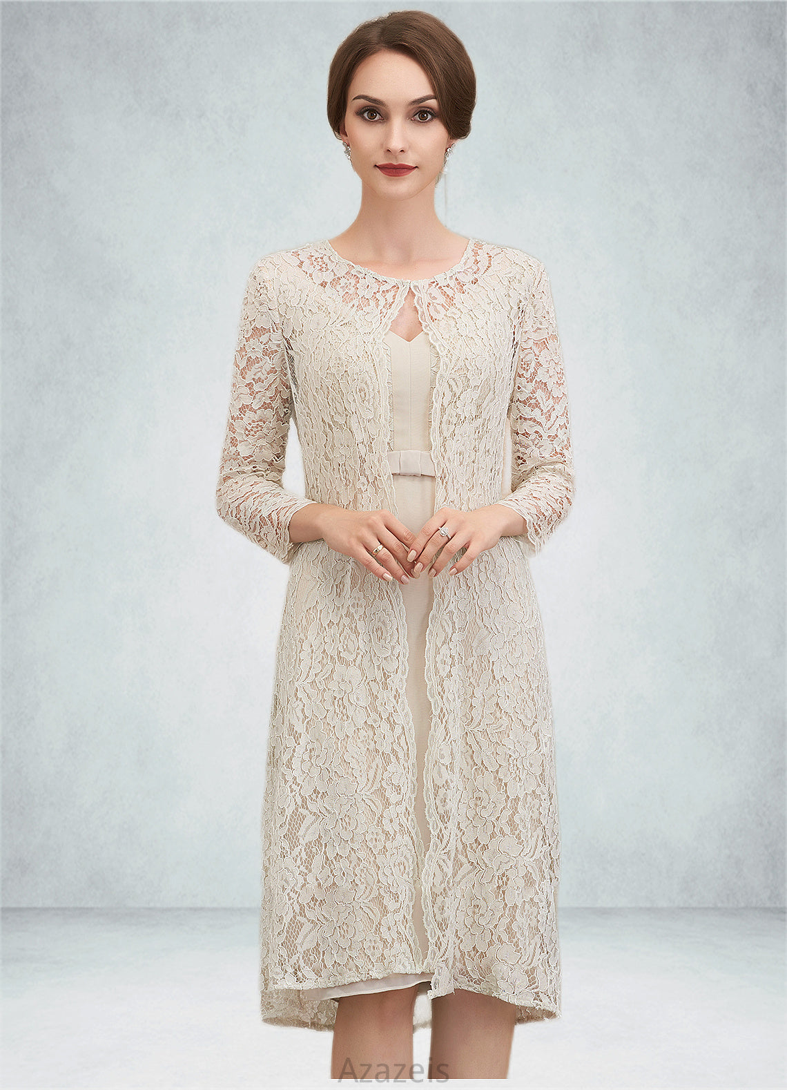 Sylvia Sheath/Column V-neck Knee-Length Chiffon Lace Mother of the Bride Dress With Bow(s) DF126P0014924