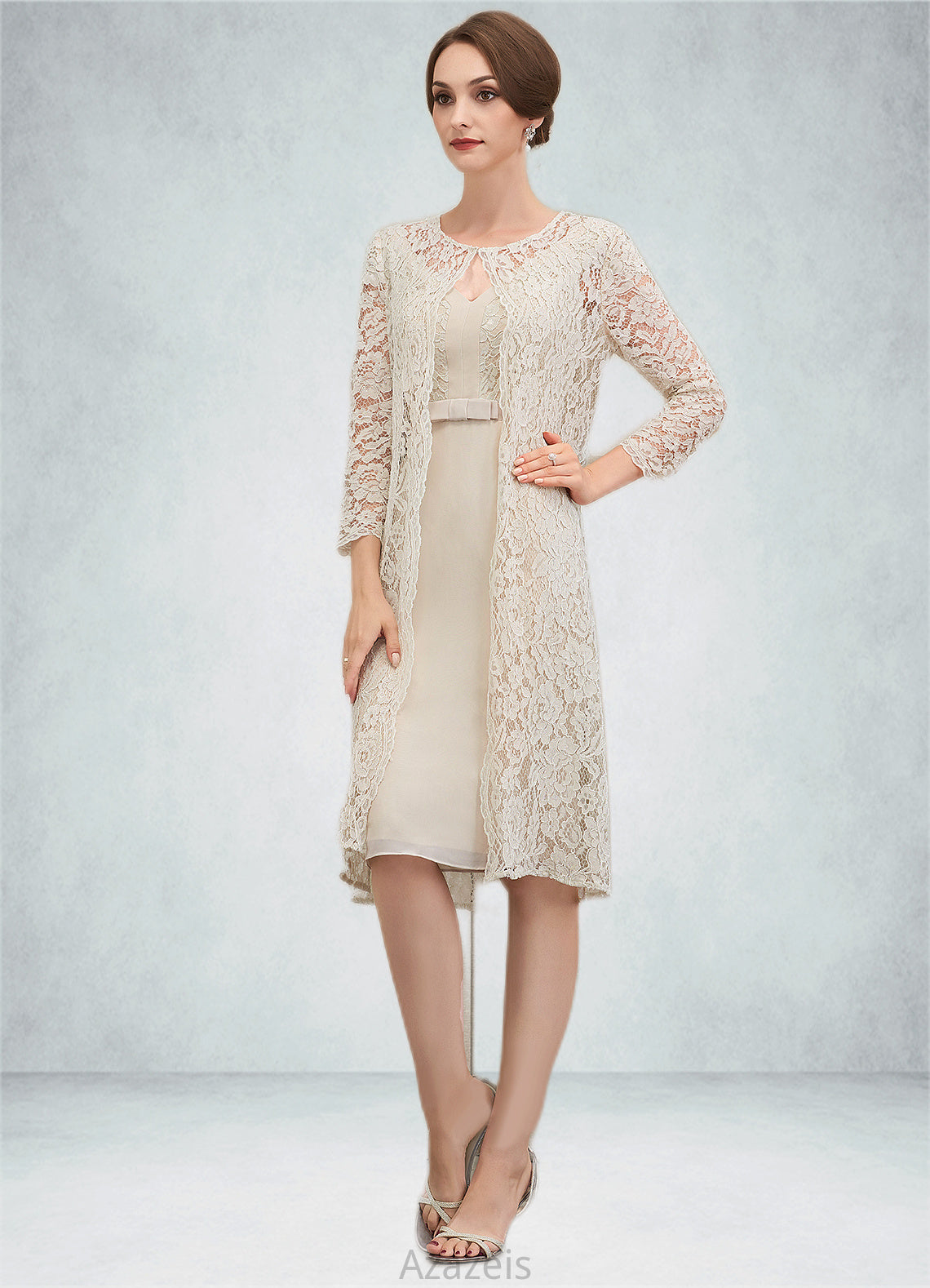 Sylvia Sheath/Column V-neck Knee-Length Chiffon Lace Mother of the Bride Dress With Bow(s) DF126P0014924