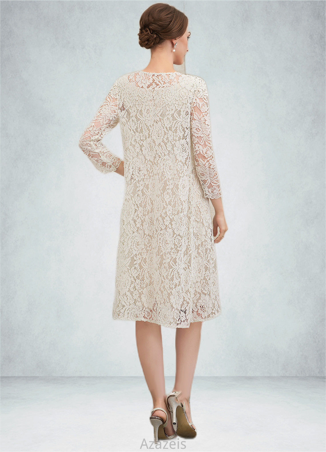 Sylvia Sheath/Column V-neck Knee-Length Chiffon Lace Mother of the Bride Dress With Bow(s) DF126P0014924