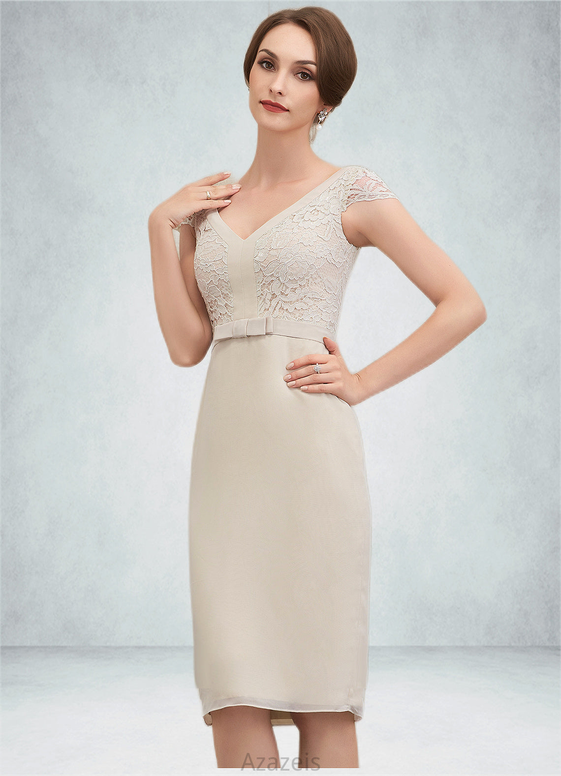 Sylvia Sheath/Column V-neck Knee-Length Chiffon Lace Mother of the Bride Dress With Bow(s) DF126P0014924