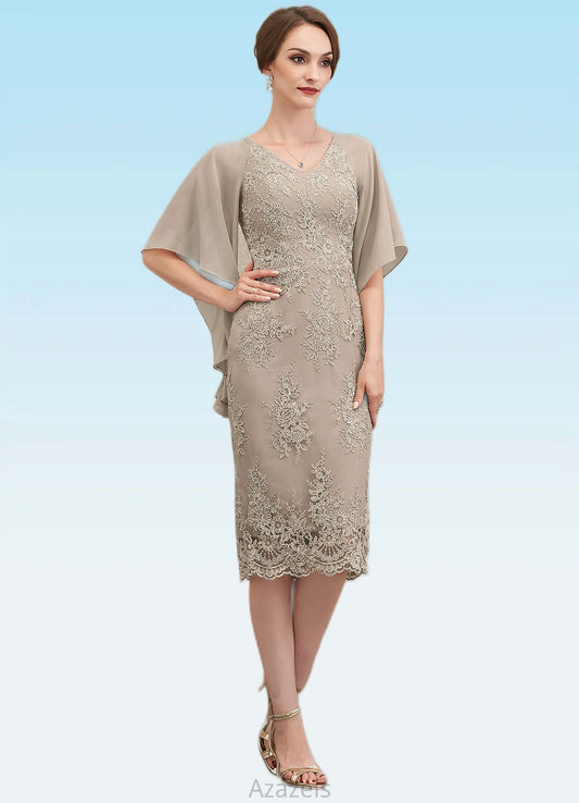 Renata Sheath/Column V-neck Knee-Length Chiffon Lace Mother of the Bride Dress With Cascading Ruffles DF126P0014925