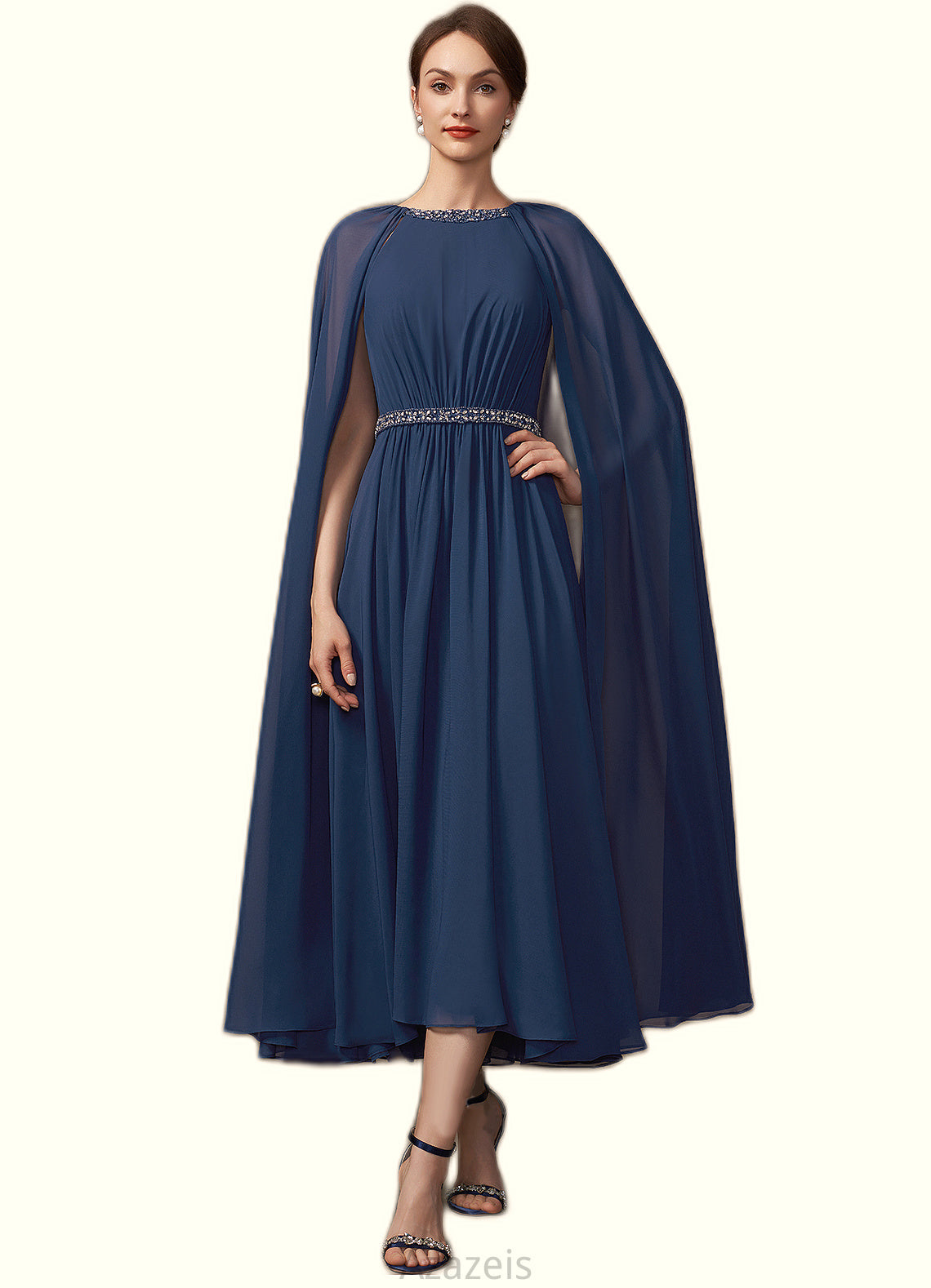 Sadie A-Line Scoop Neck Tea-Length Chiffon Mother of the Bride Dress With Beading DF126P0014934