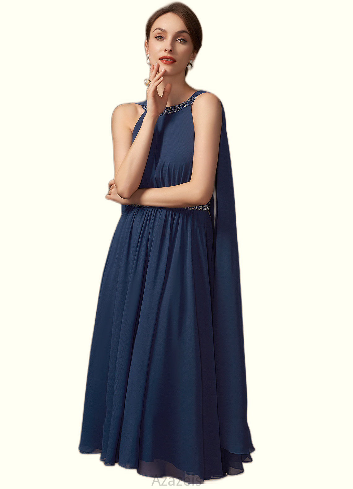 Sadie A-Line Scoop Neck Tea-Length Chiffon Mother of the Bride Dress With Beading DF126P0014934