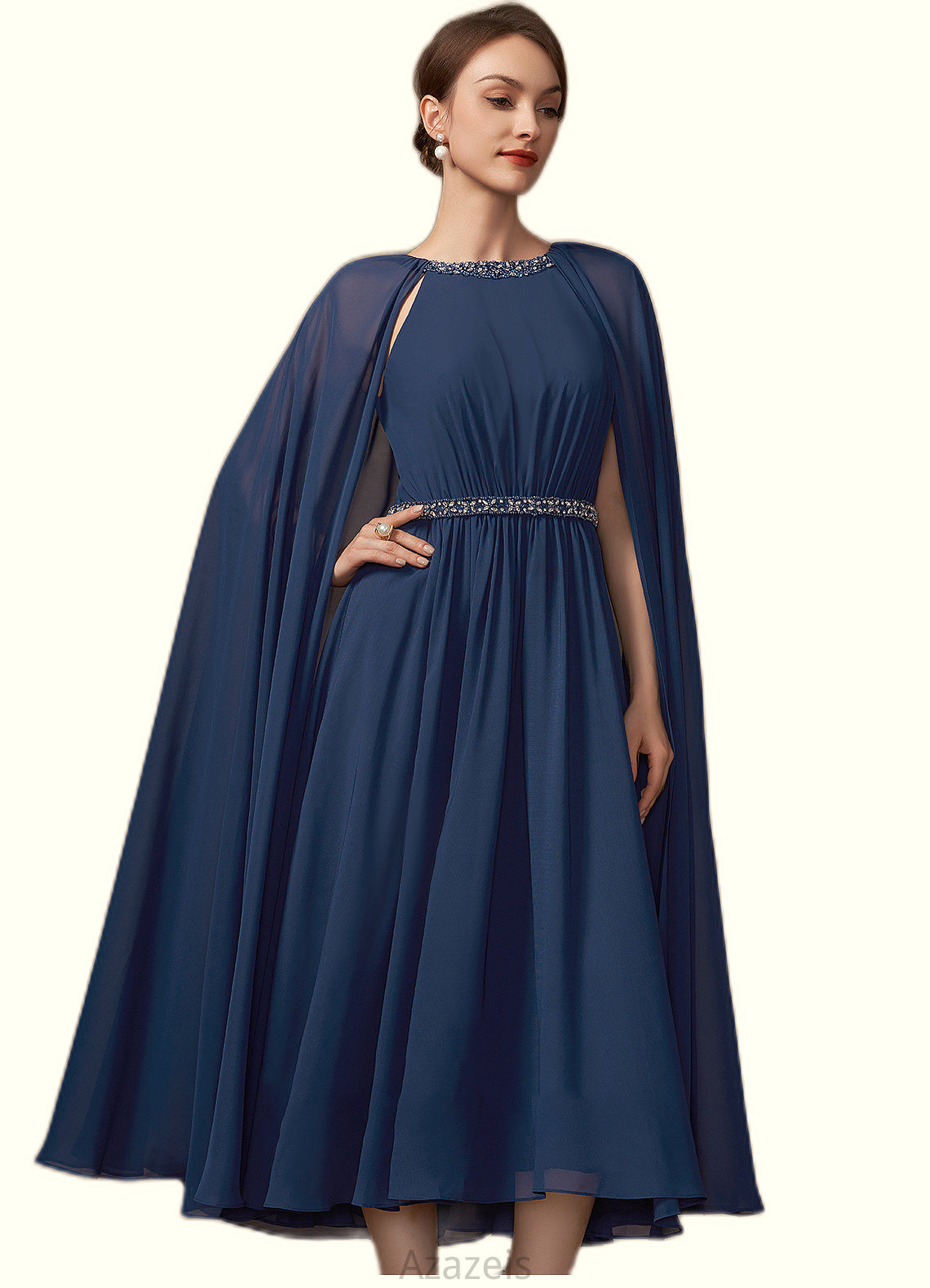 Sadie A-Line Scoop Neck Tea-Length Chiffon Mother of the Bride Dress With Beading DF126P0014934