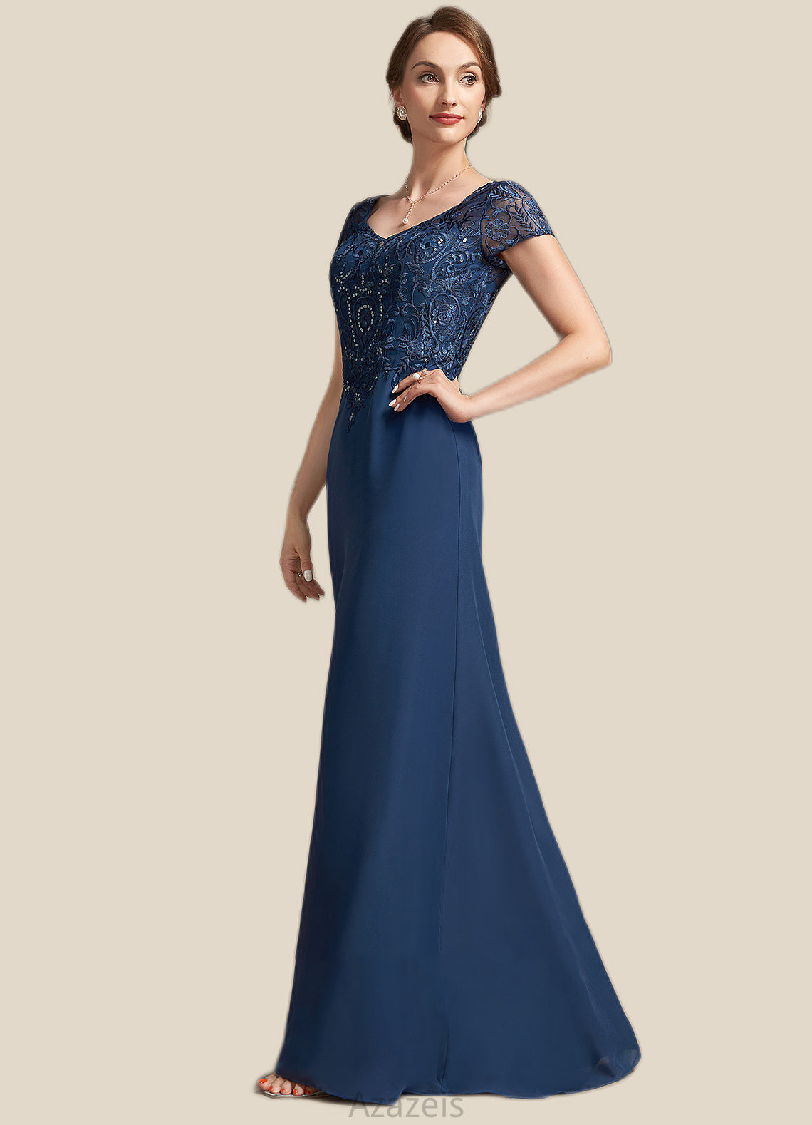 Esmeralda A-Line V-neck Floor-Length Chiffon Lace Mother of the Bride Dress With Sequins DF126P0014938