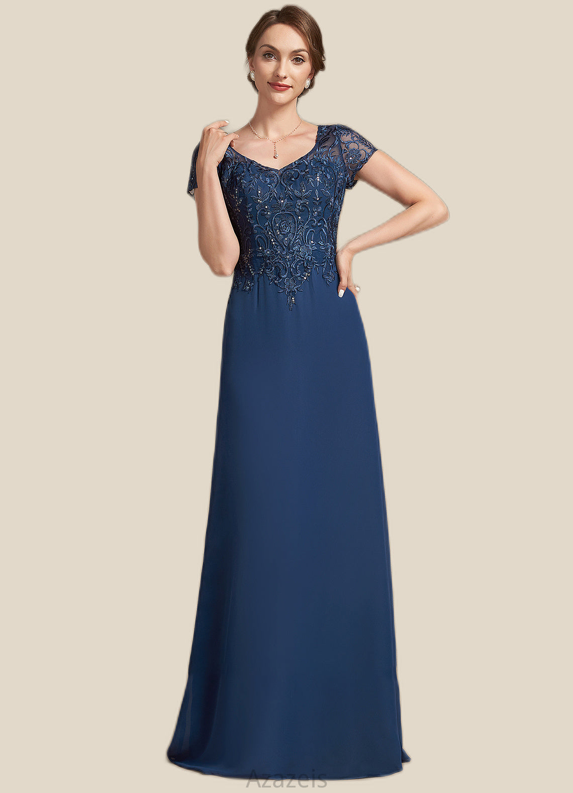 Esmeralda A-Line V-neck Floor-Length Chiffon Lace Mother of the Bride Dress With Sequins DF126P0014938