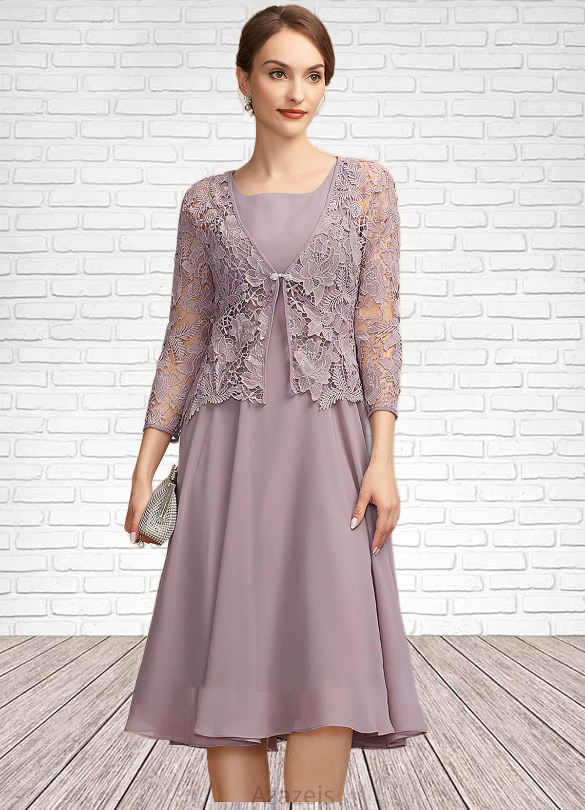 Adalyn A-Line Square Neckline Knee-Length Chiffon Mother of the Bride Dress DF126P0014940