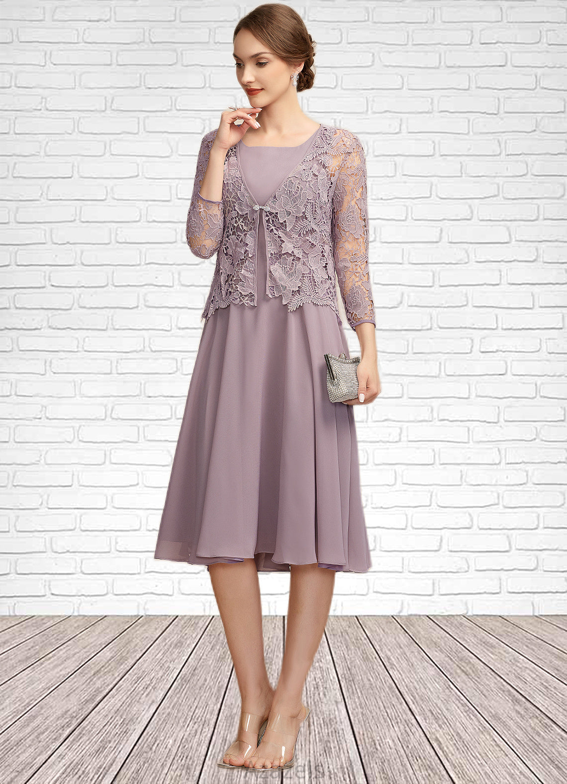 Adalyn A-Line Square Neckline Knee-Length Chiffon Mother of the Bride Dress DF126P0014940