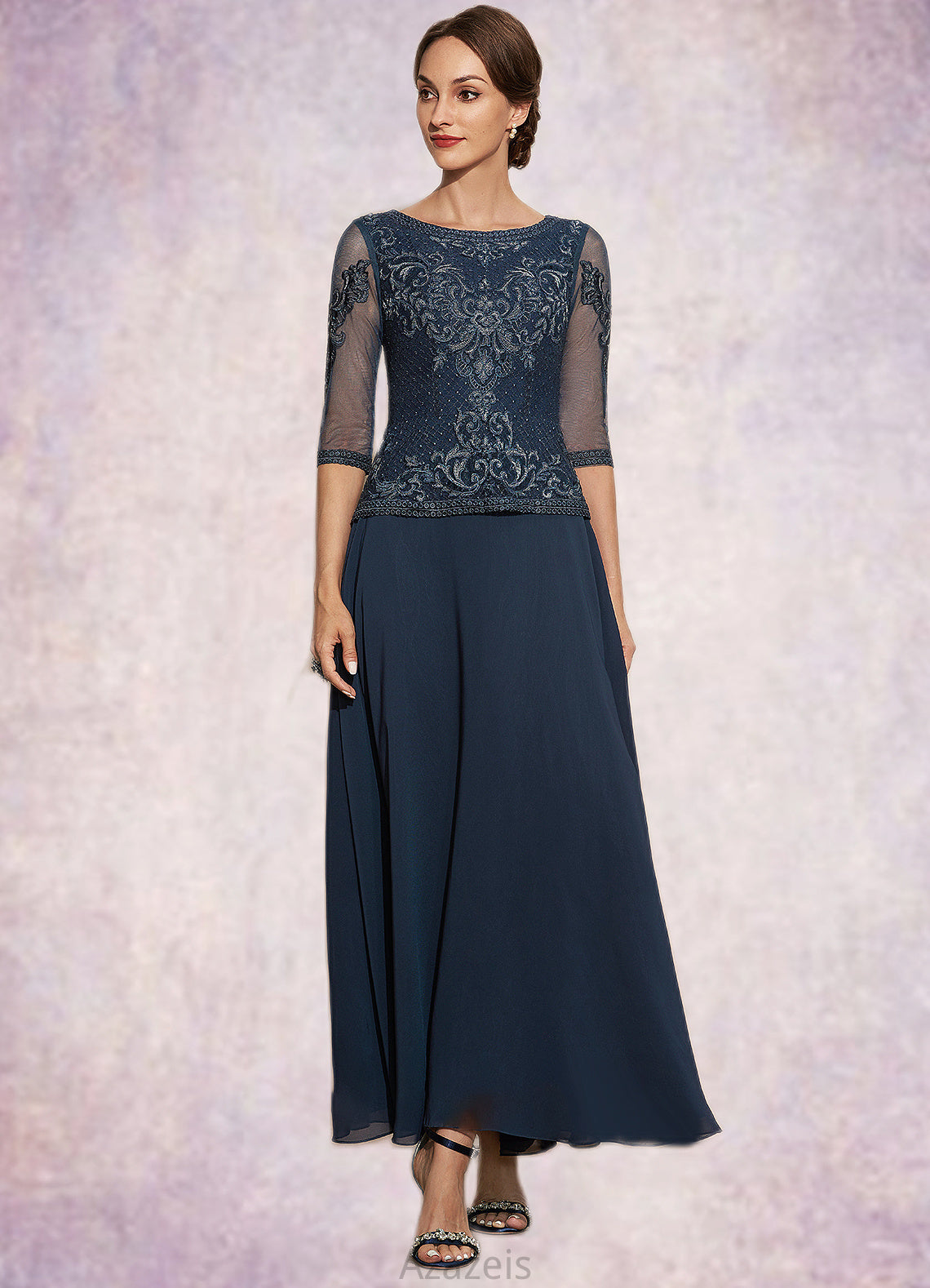 Kaiya A-Line Scoop Neck Ankle-Length Chiffon Lace Mother of the Bride Dress DF126P0014942