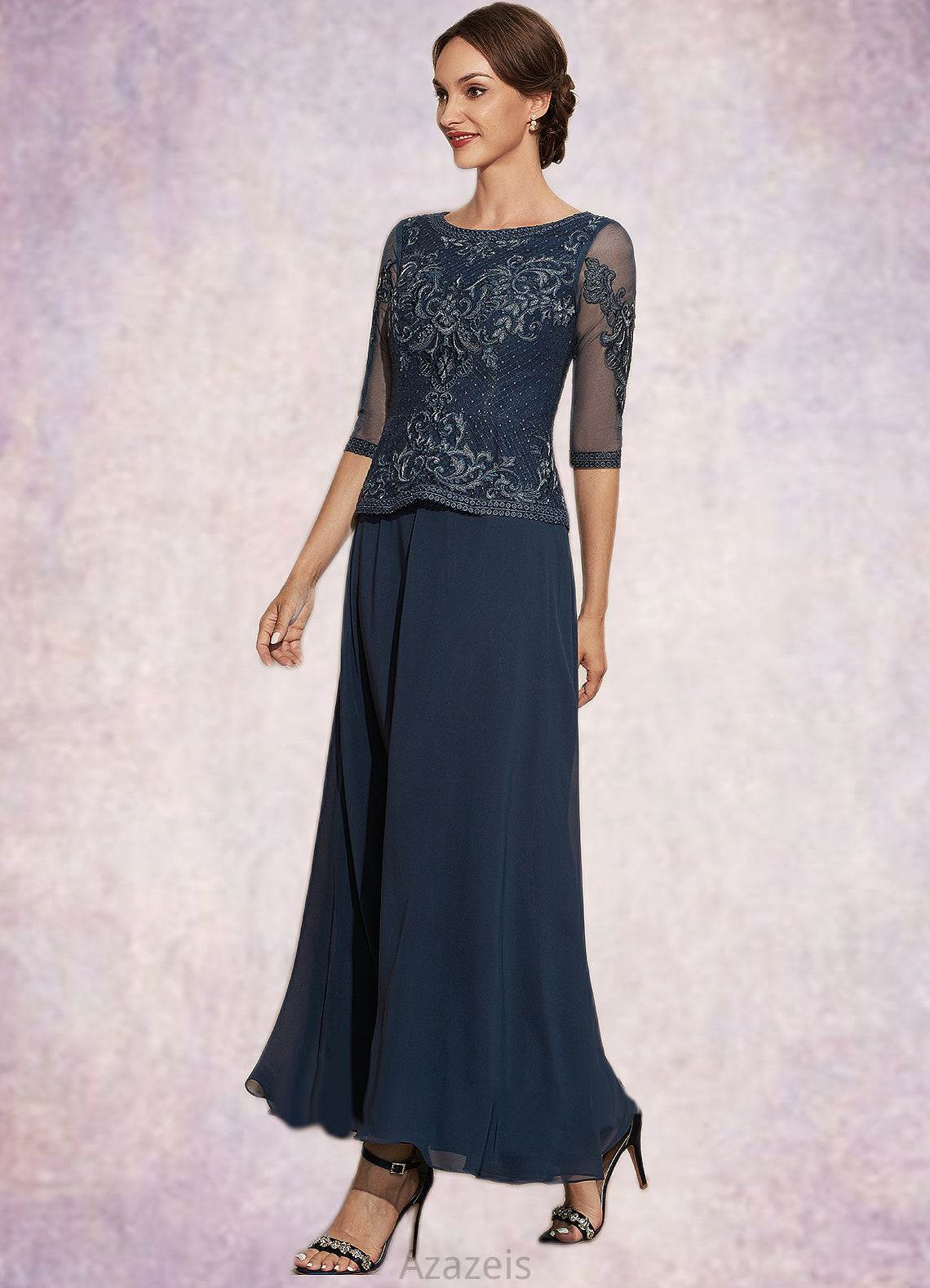 Kaiya A-Line Scoop Neck Ankle-Length Chiffon Lace Mother of the Bride Dress DF126P0014942