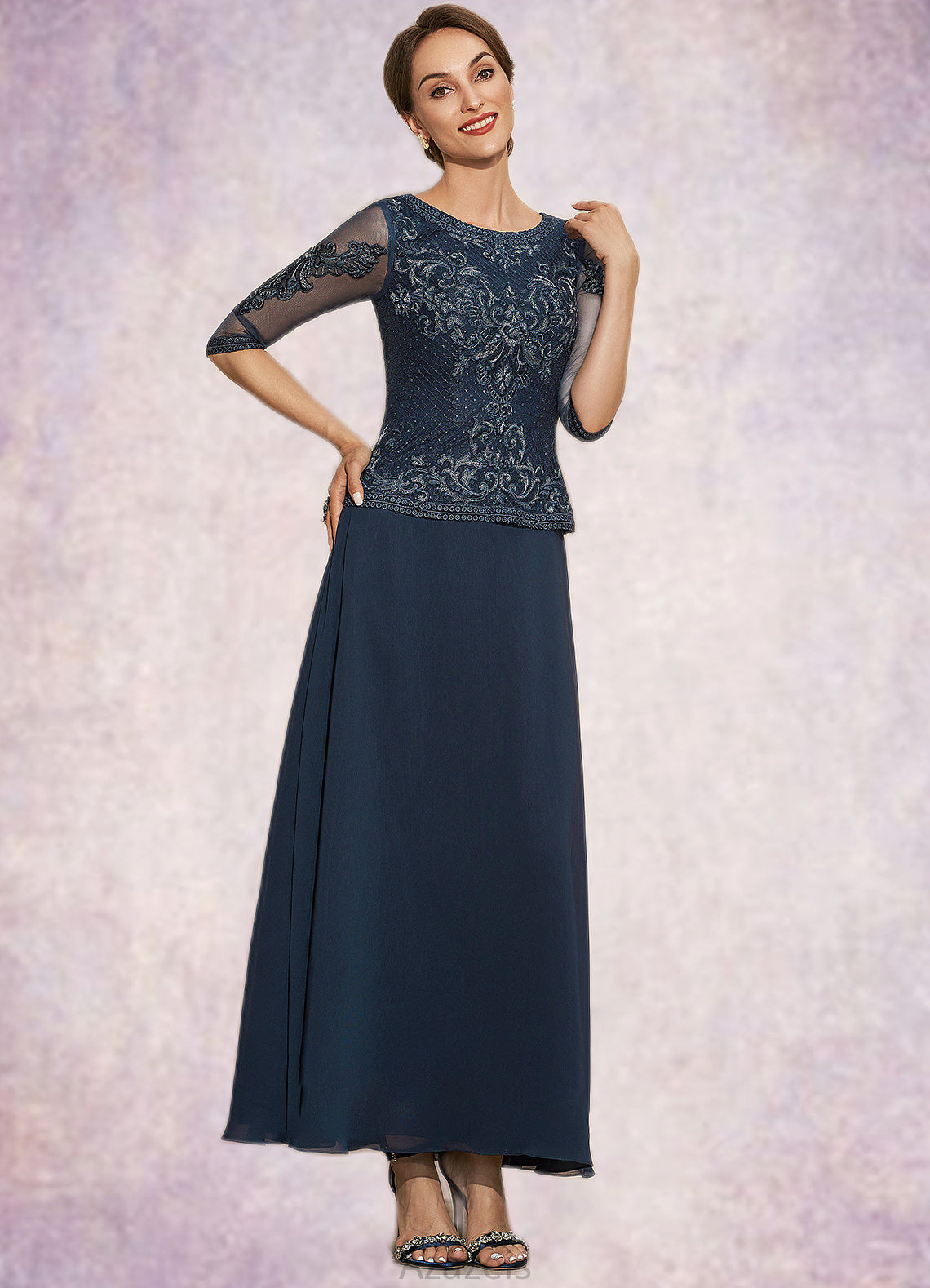 Kaiya A-Line Scoop Neck Ankle-Length Chiffon Lace Mother of the Bride Dress DF126P0014942