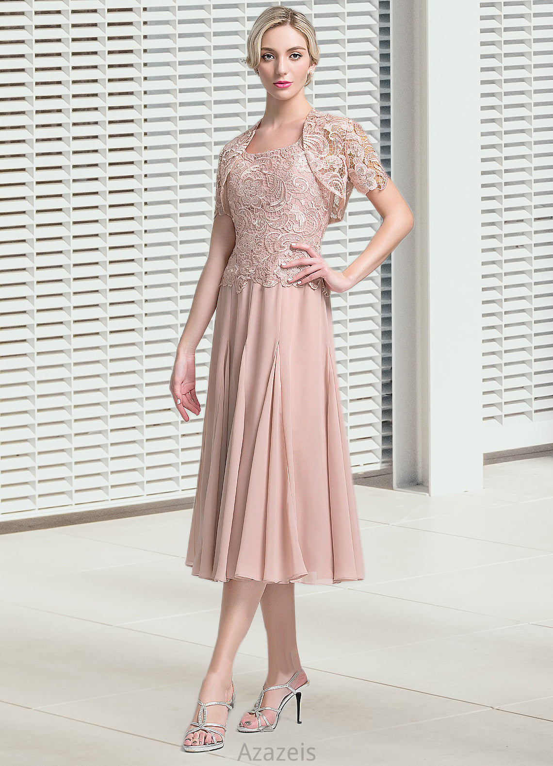 Clarissa A-Line Square Neckline Tea-Length Chiffon Mother of the Bride Dress DF126P0014947