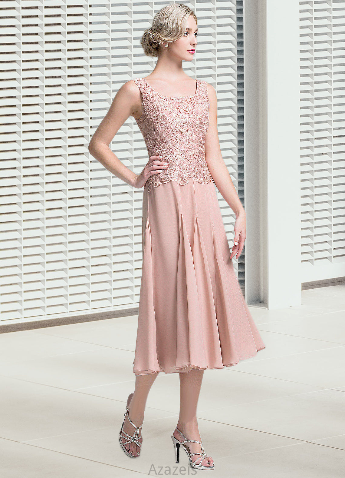 Clarissa A-Line Square Neckline Tea-Length Chiffon Mother of the Bride Dress DF126P0014947