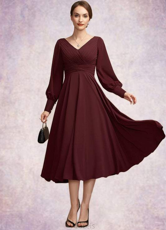 Winifred A-Line V-neck Tea-Length Mother of the Bride Dress With Ruffle DF126P0014948