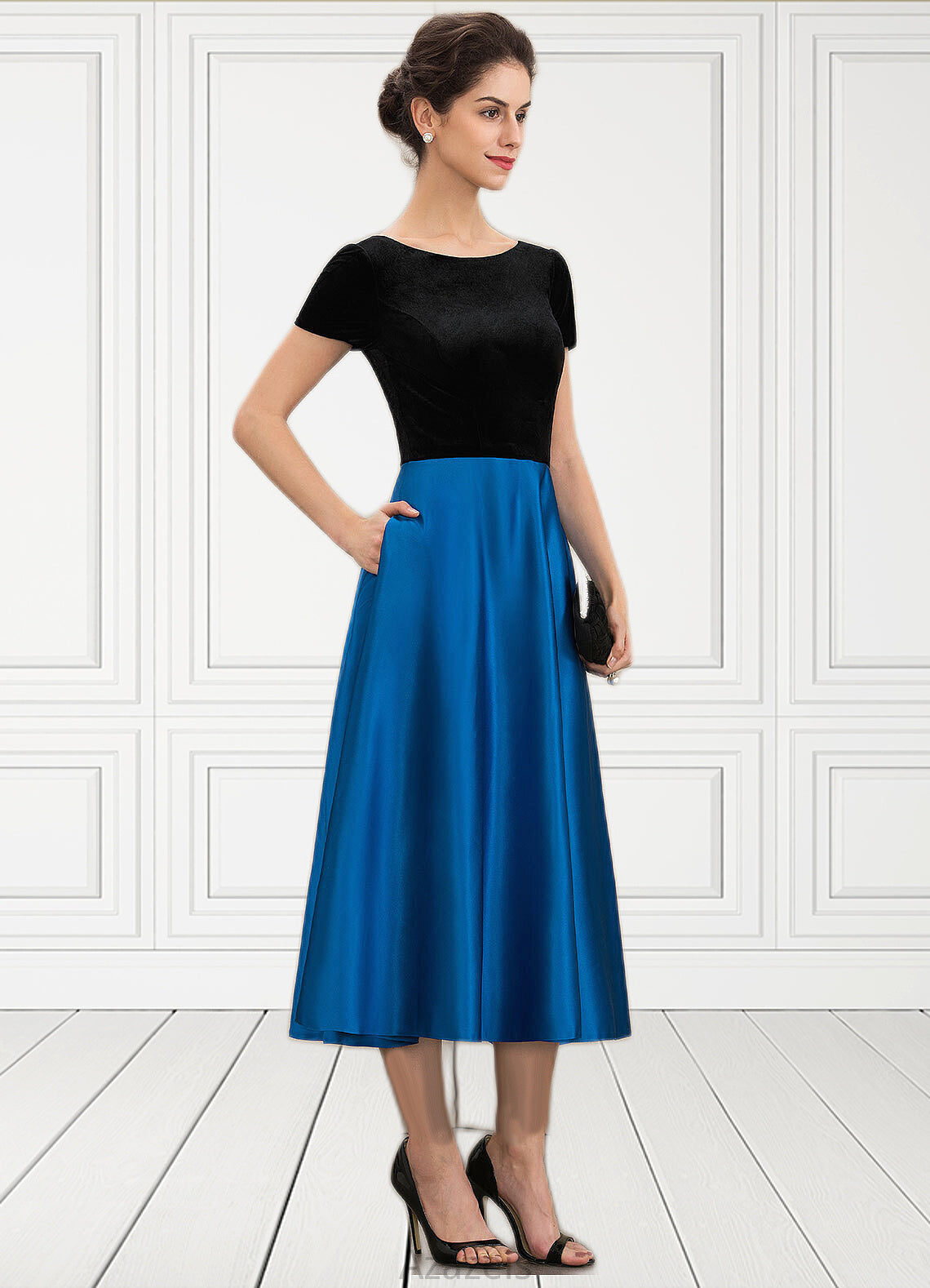 Willow A-Line Scoop Neck Tea-Length Satin Velvet Mother of the Bride Dress With Pockets DF126P0014950