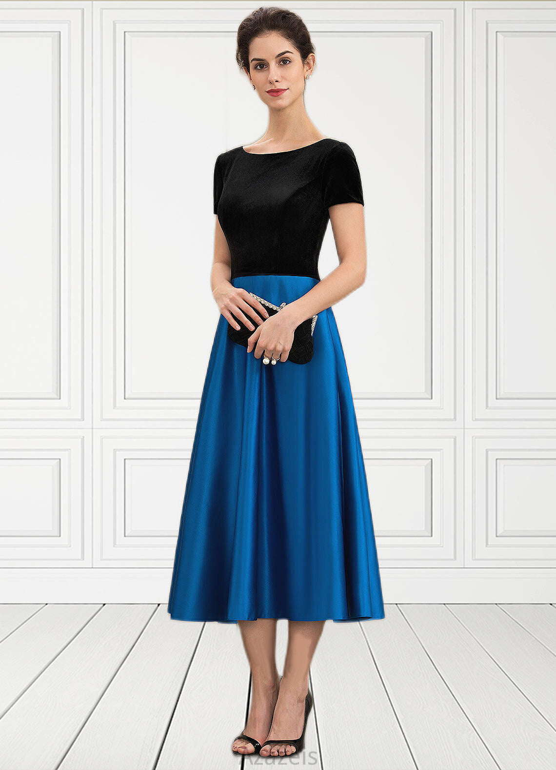 Willow A-Line Scoop Neck Tea-Length Satin Velvet Mother of the Bride Dress With Pockets DF126P0014950