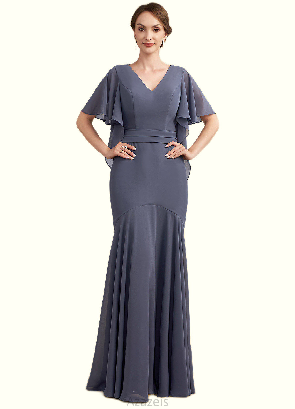 Adelyn Trumpet/Mermaid V-neck Floor-Length Chiffon Mother of the Bride Dress DF126P0014951