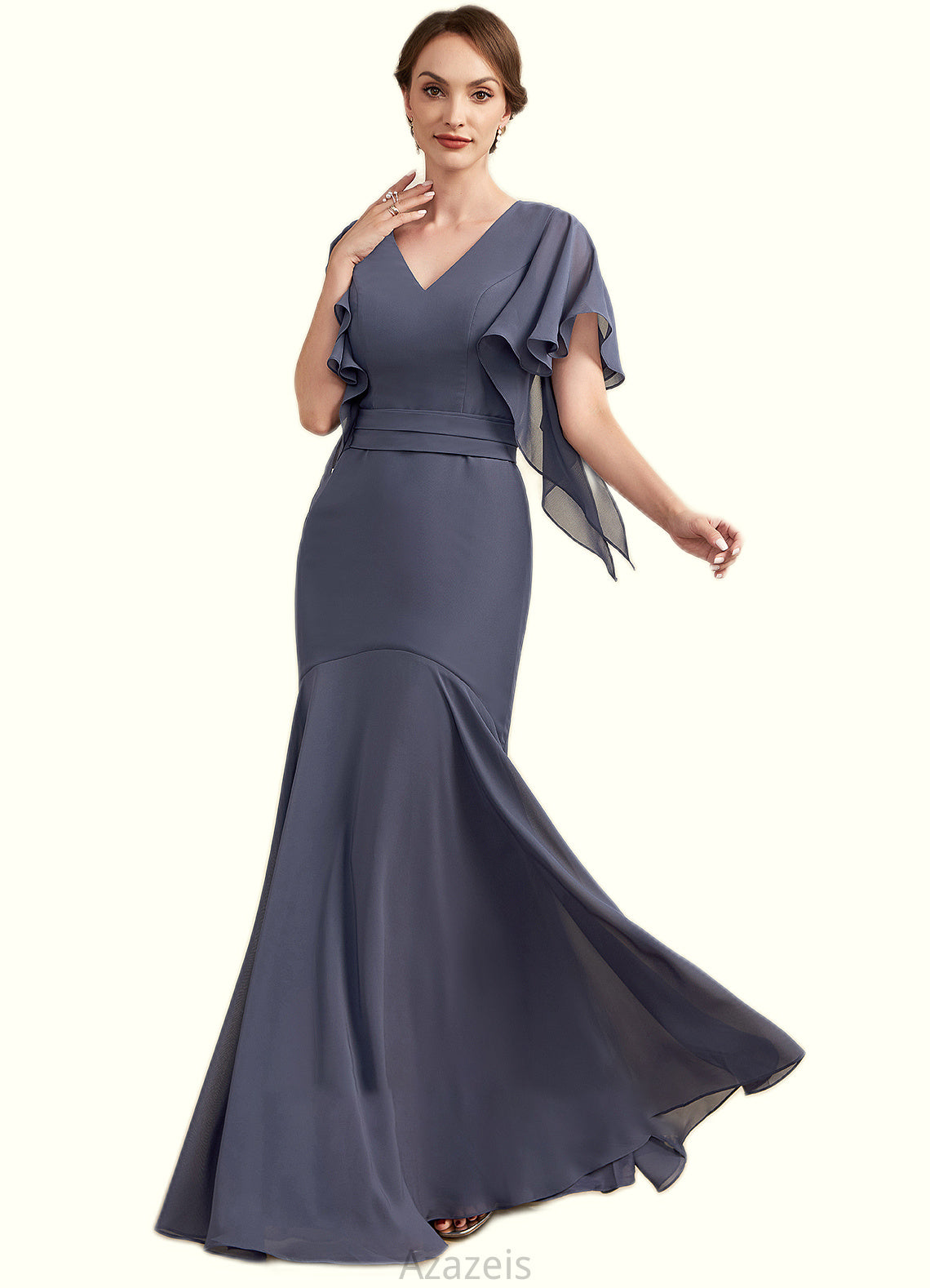 Adelyn Trumpet/Mermaid V-neck Floor-Length Chiffon Mother of the Bride Dress DF126P0014951