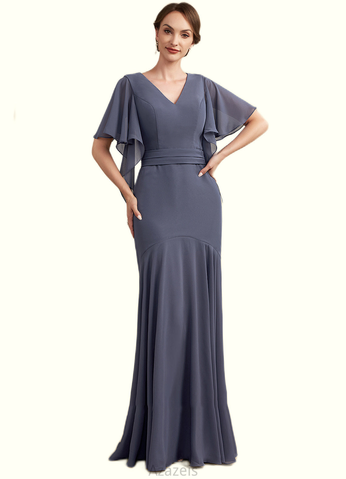 Adelyn Trumpet/Mermaid V-neck Floor-Length Chiffon Mother of the Bride Dress DF126P0014951