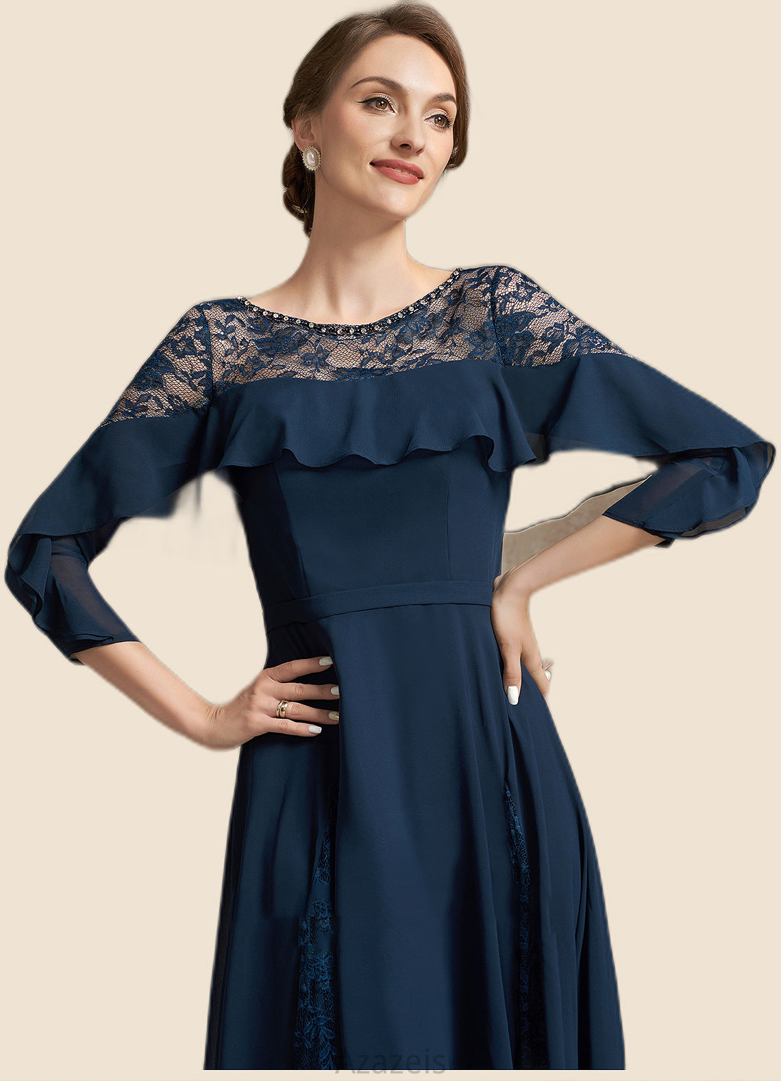 Kylie A-Line Scoop Neck Tea-Length Chiffon Lace Mother of the Bride Dress With Beading Cascading Ruffles DF126P0014952